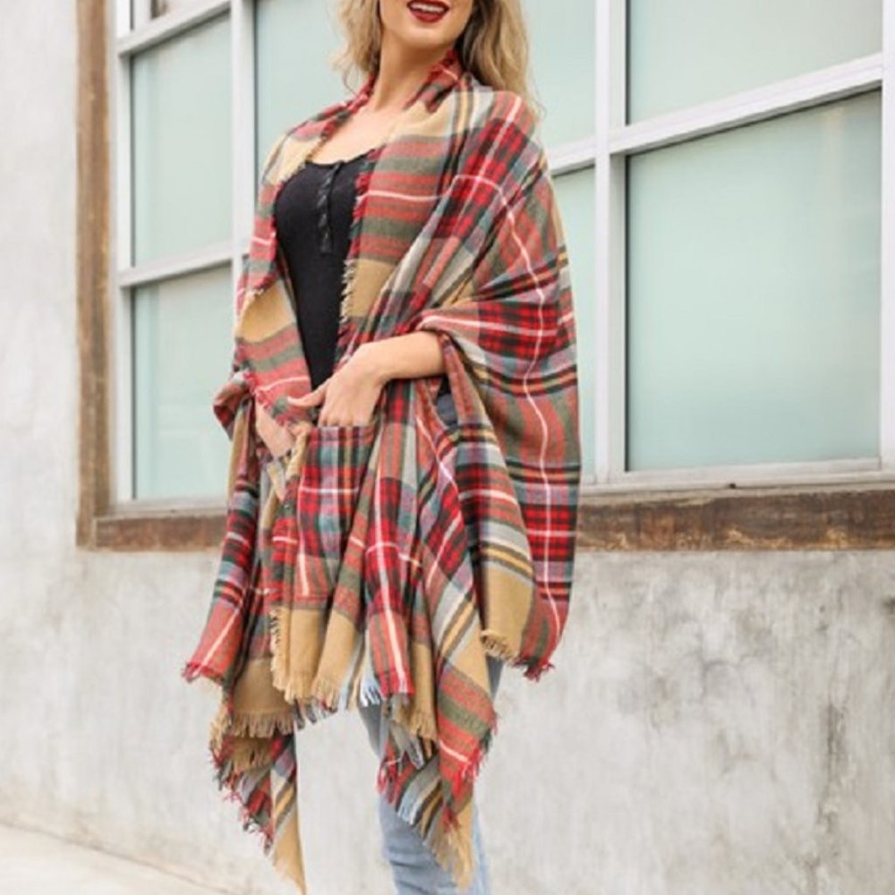 NEW Multicolor Plaid Pocket Ruana Shawl Cover up